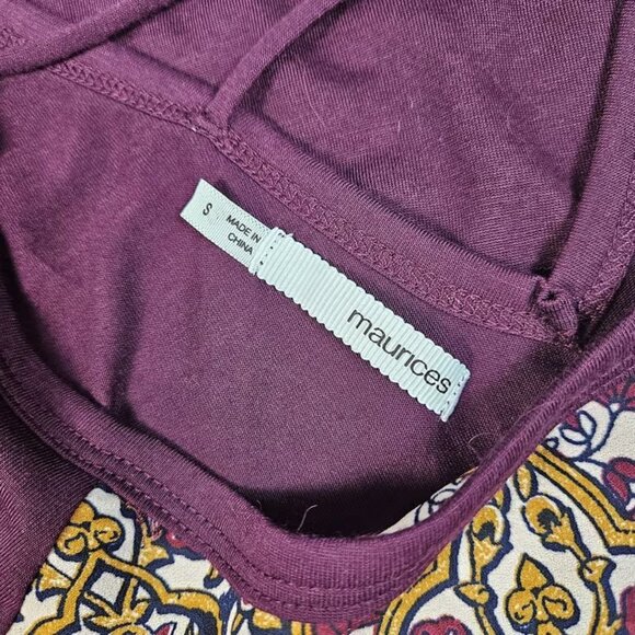 Women's Boho Print Top Size Small Short Sleeve Lace Shoulders Satin Front - Picture 3 of 4